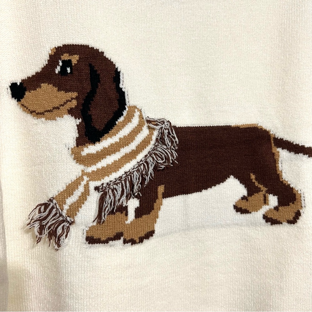 Anthropologie Dachshund Dog 3D Embroidery Novelty Art Beige Knit Sweater NEW L - Picture 3 of 9